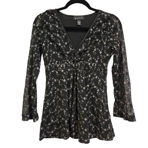 Vintage Y2K Babydoll Whimsigoth Goth Empire Vampire S Petite Black Floral Embroi - Picture 1 of 8